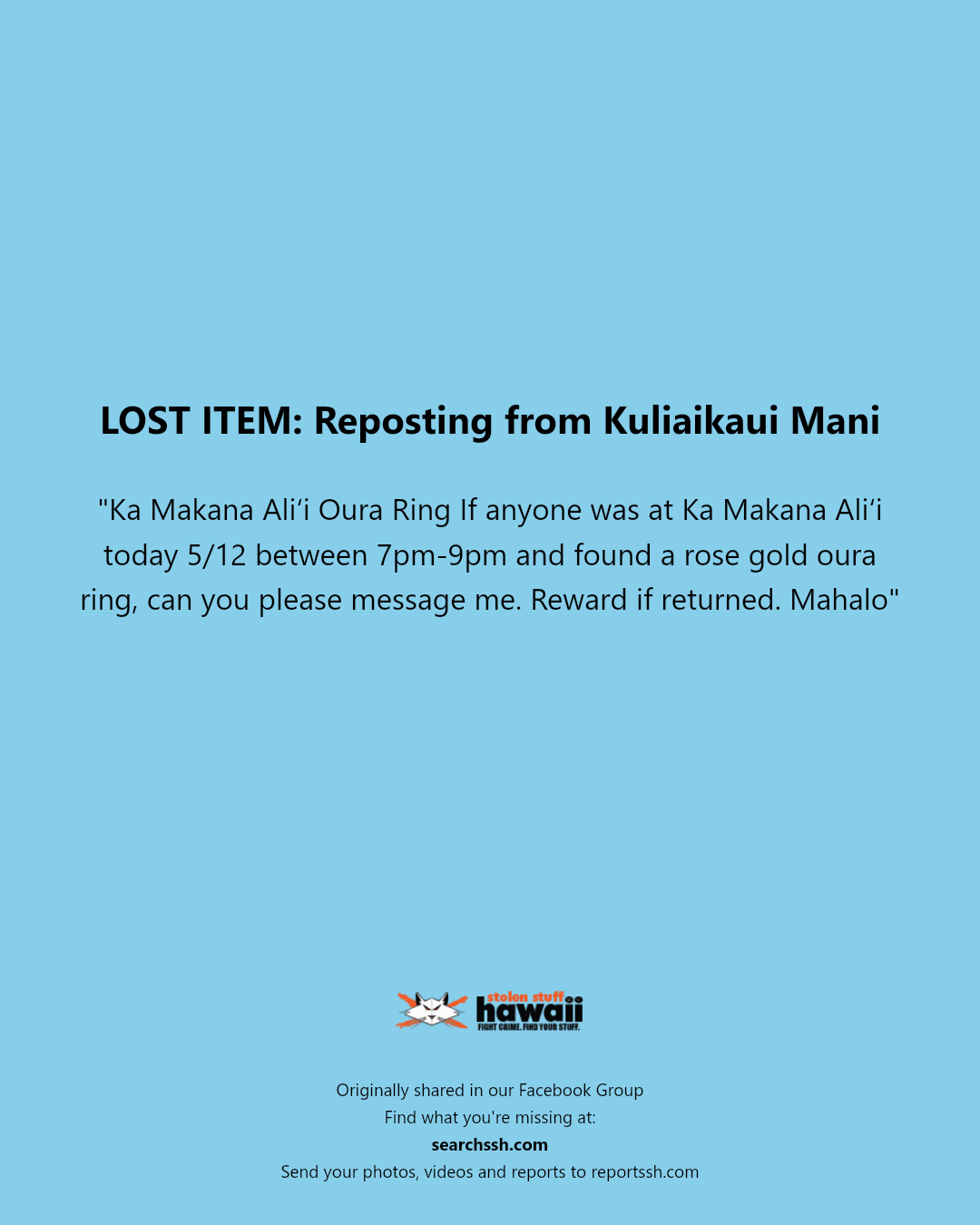 LOST ITEM - Ka Makana Aliʻi, Kapolei, Oahu | Stolen Stuff Hawaii
