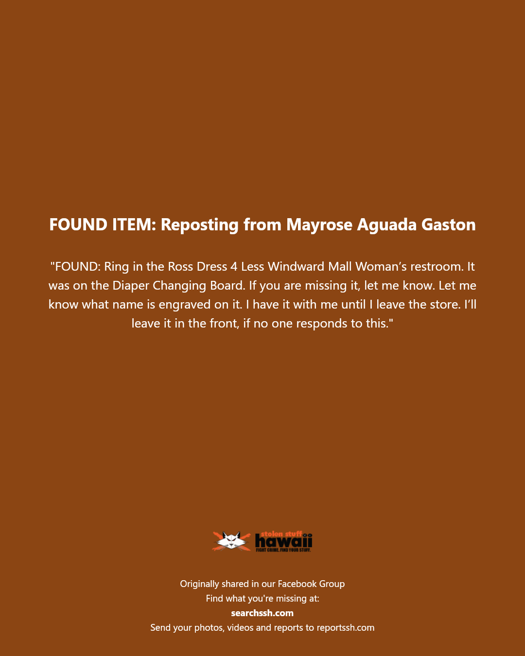 FOUND ITEM - Windward Mall, Kaneohe, Oahu | Stolen Stuff Hawaii