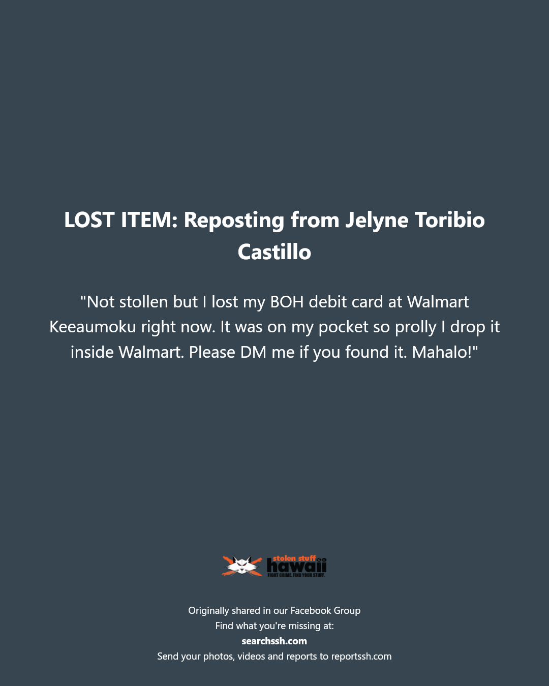 LOST ITEM - Walmart Keeaumoku, Honolulu, Oahu | Stolen Stuff Hawaii