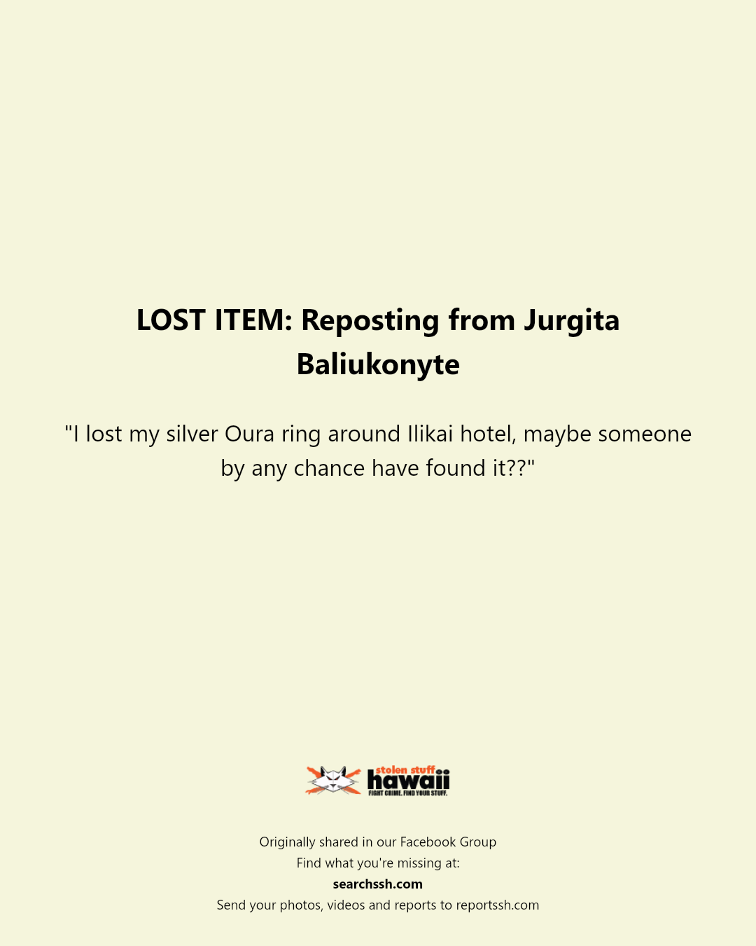 LOST ITEM - Ilikai Hotel, Honolulu, Oahu | Stolen Stuff Hawaii
