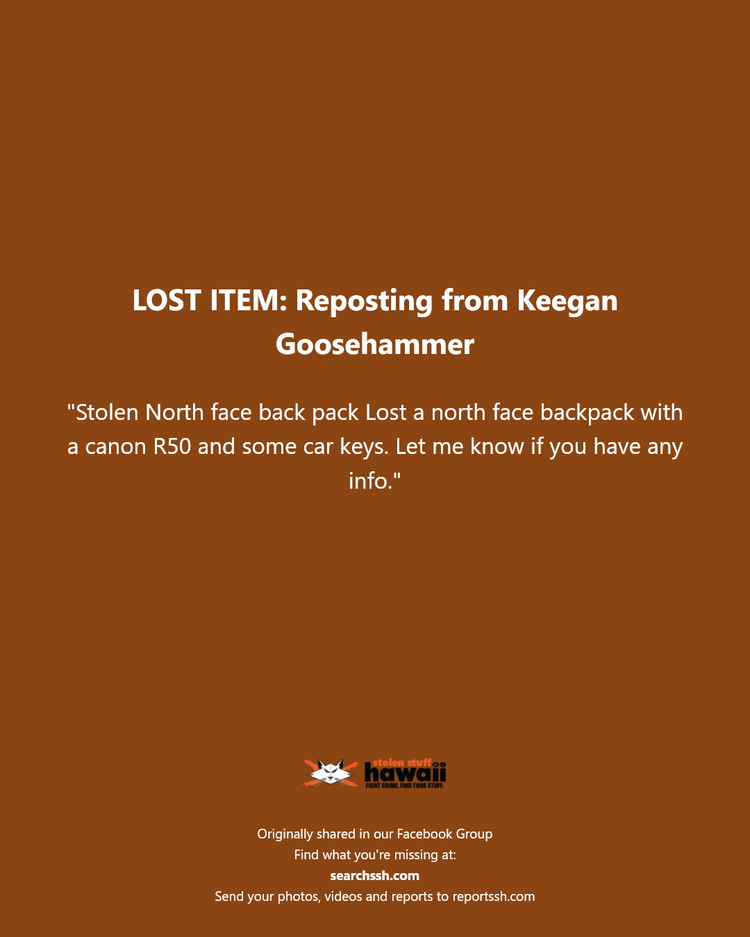 LOST ITEM - Unknown | Stolen Stuff Hawaii