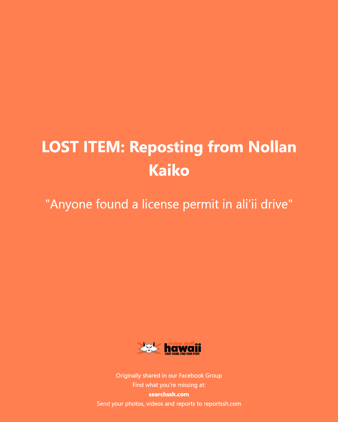 LOST ITEM - Unknown | Stolen Stuff Hawaii
