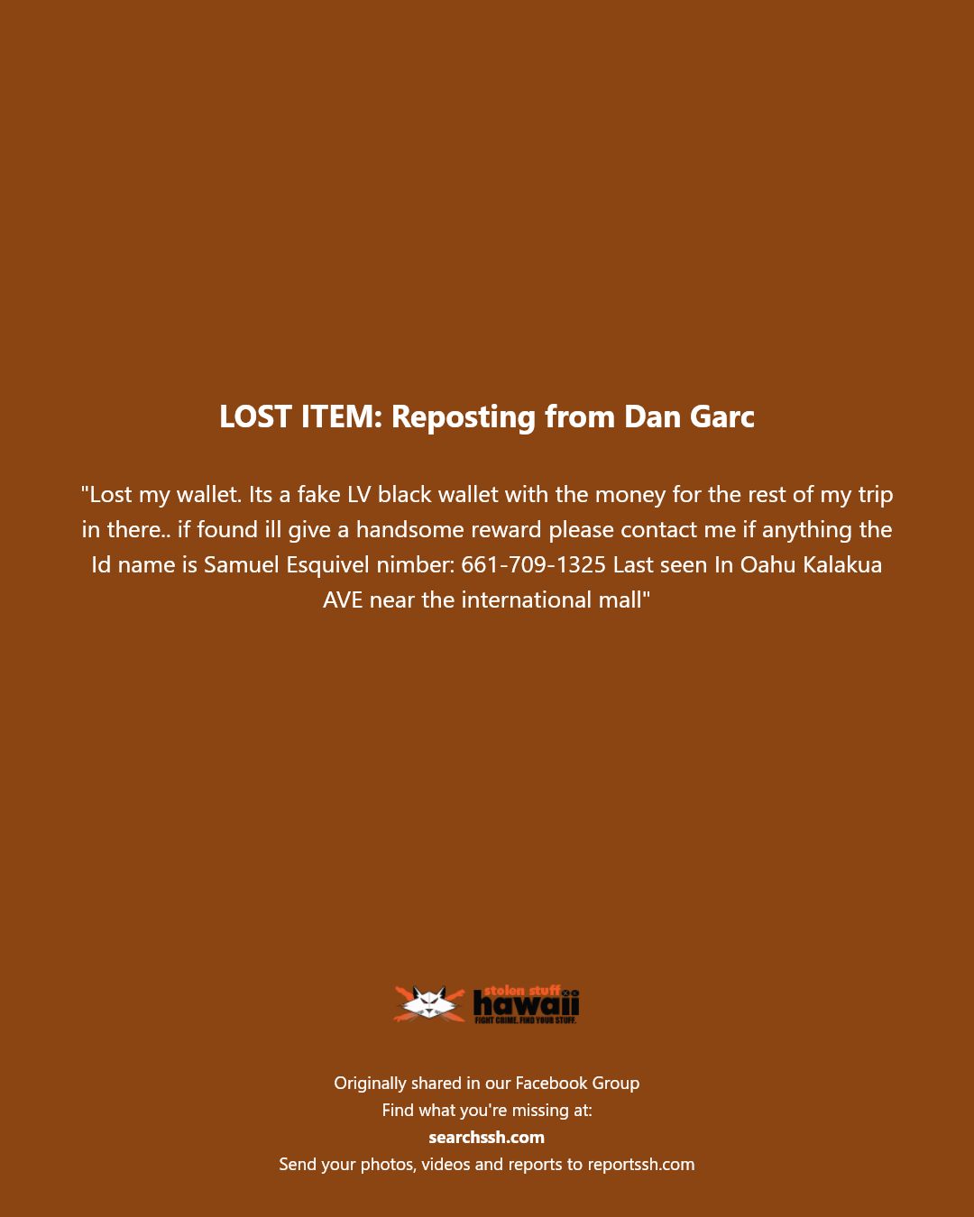 LOST ITEM - Kalakua Avenue near the International Market Place, Honolulu, Oahu | Stolen Stuff Hawaii