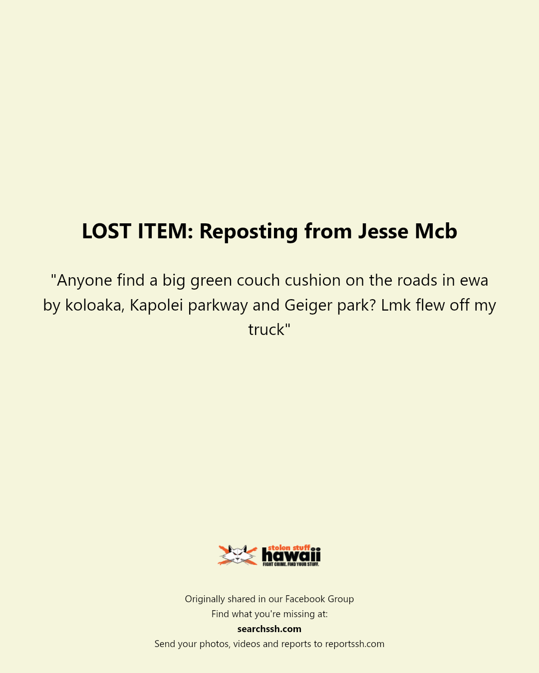 LOST ITEM - Kapolei parkway and Geiger park, Ewa, Oahu | Stolen Stuff Hawaii