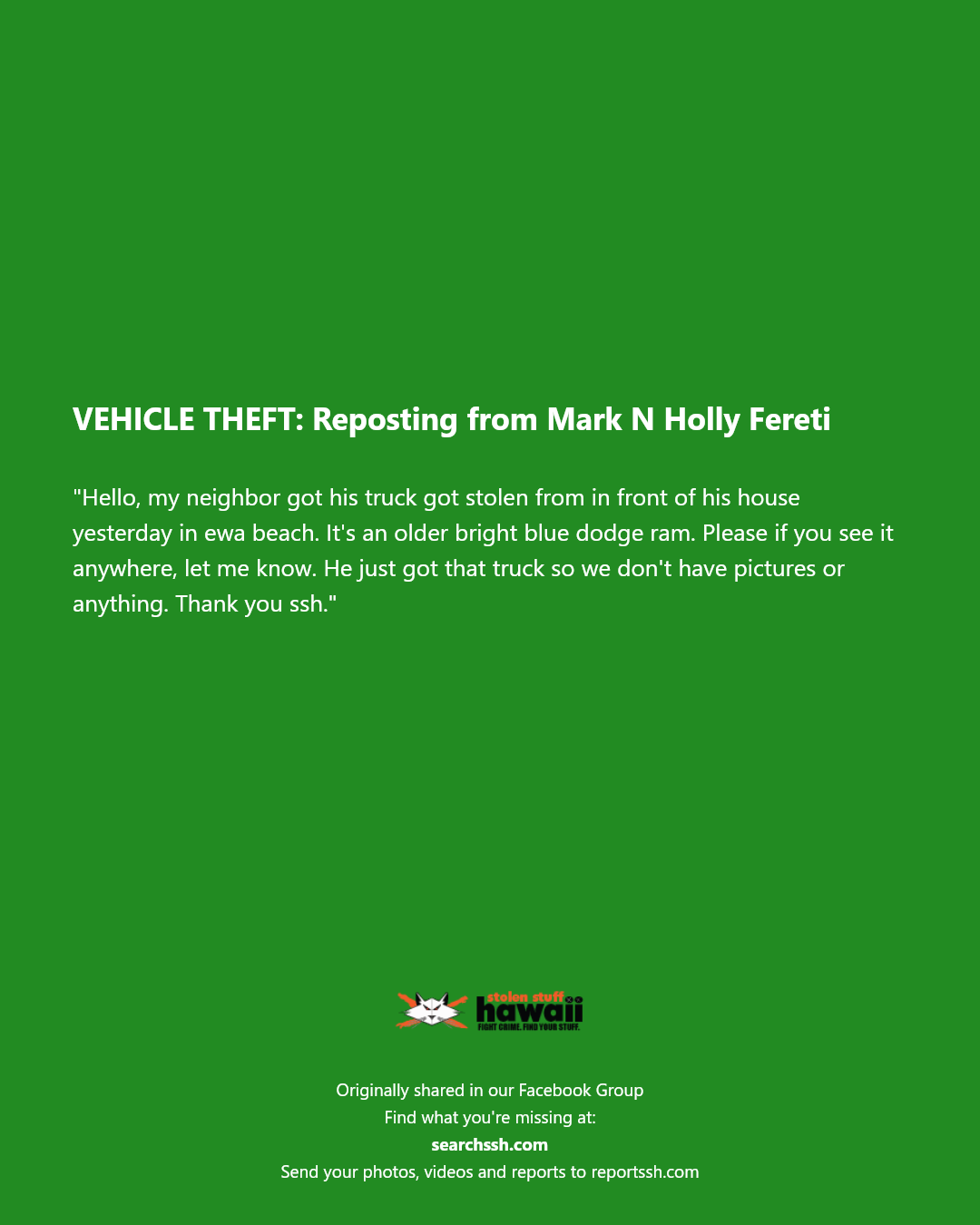 VEHICLE THEFT - Ewa Beach, Oahu | Stolen Stuff Hawaii