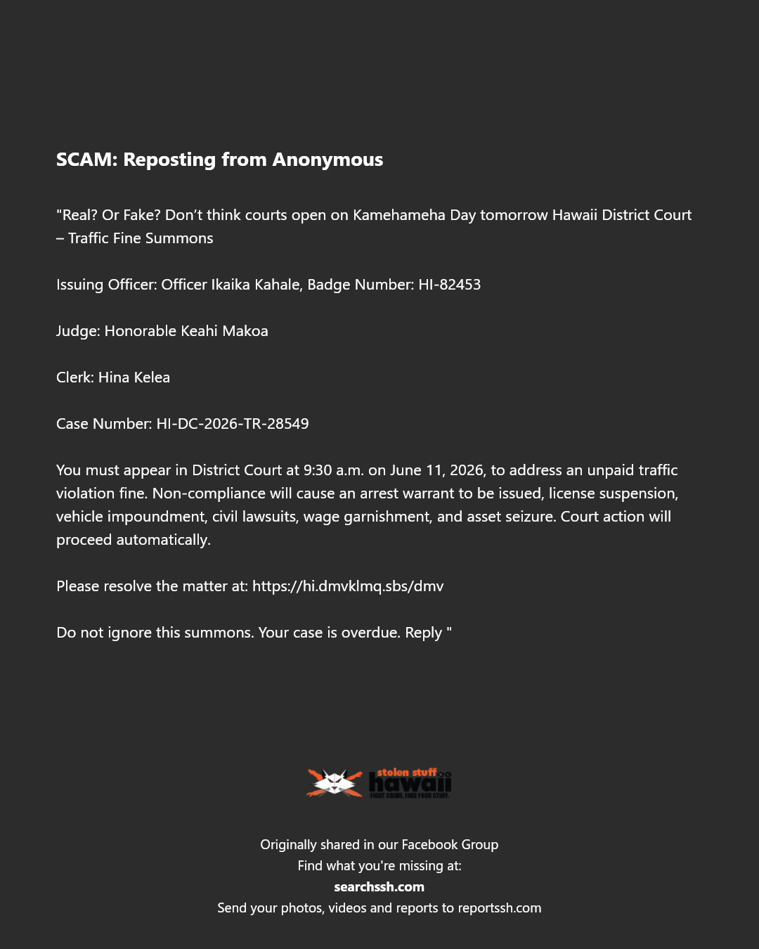 SCAM - Unknown | Stolen Stuff Hawaii