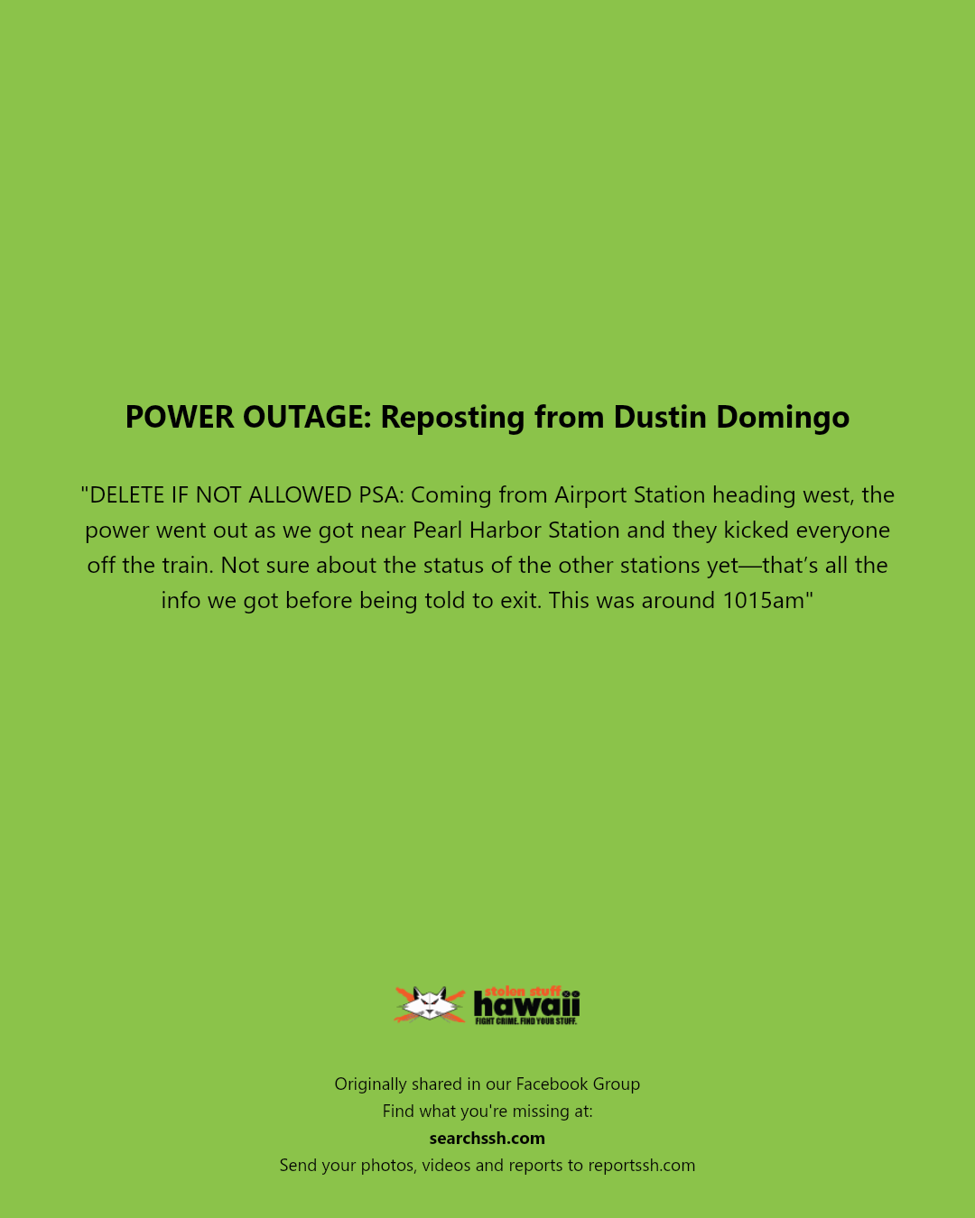 POWER OUTAGE - Pearl Harbor Station, Oahu | Stolen Stuff Hawaii