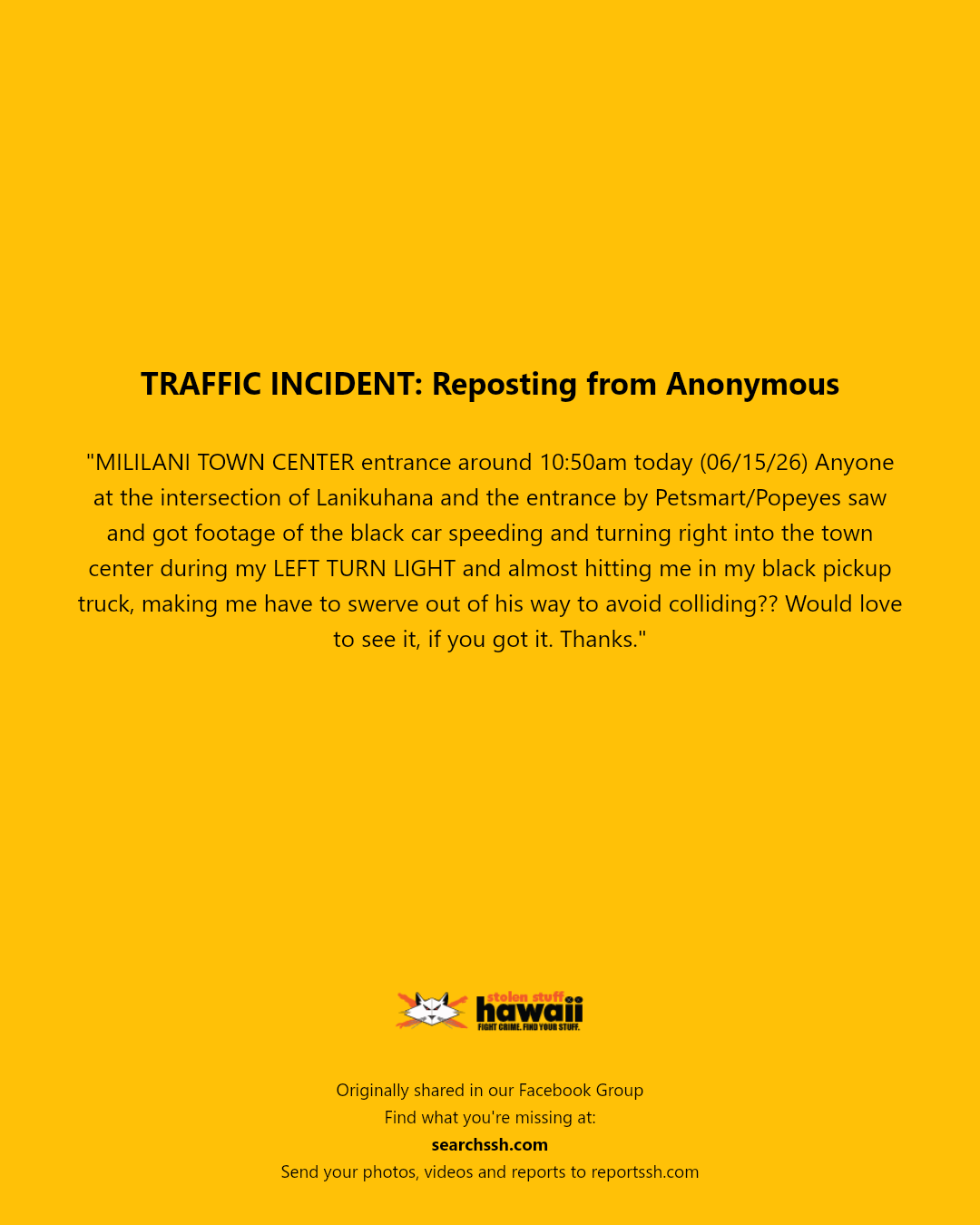TRAFFIC INCIDENT - MILILANI TOWN CENTER, Lanikuhana Avenue, Mililani | Stolen Stuff Hawaii