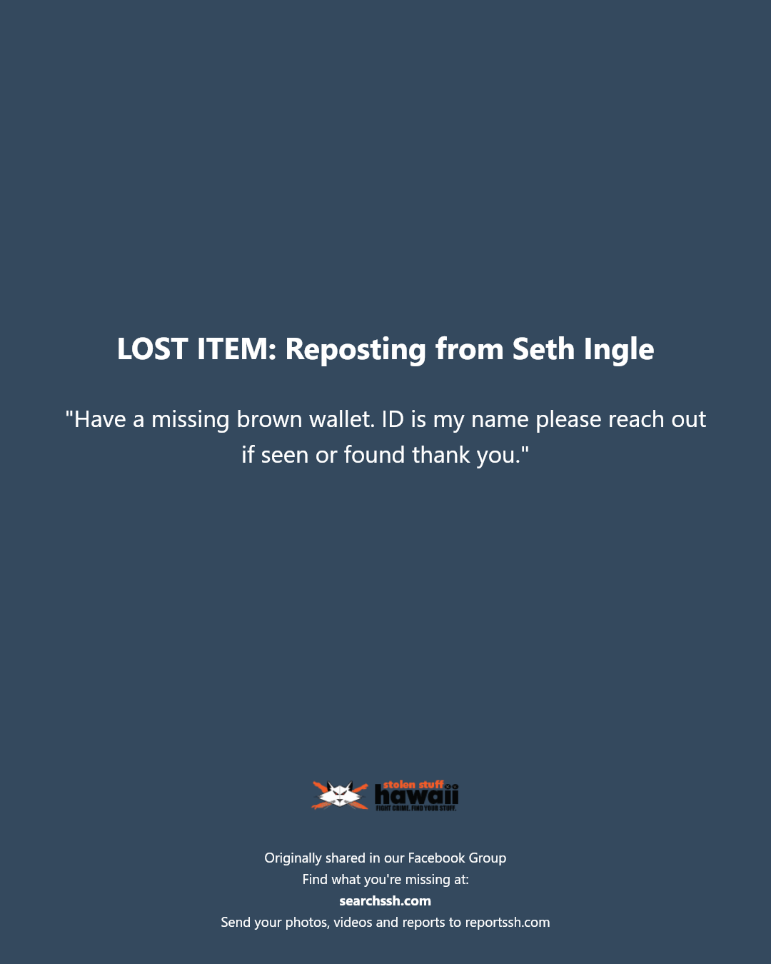 LOST ITEM - Unknown | Stolen Stuff Hawaii