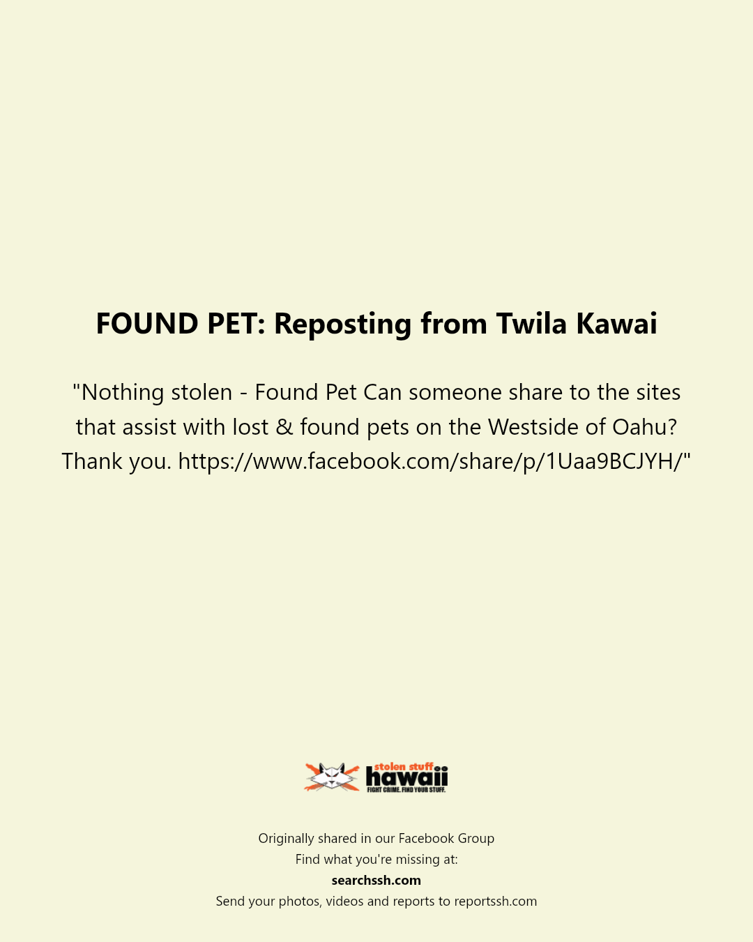 FOUND PET - Unknown | Stolen Stuff Hawaii
