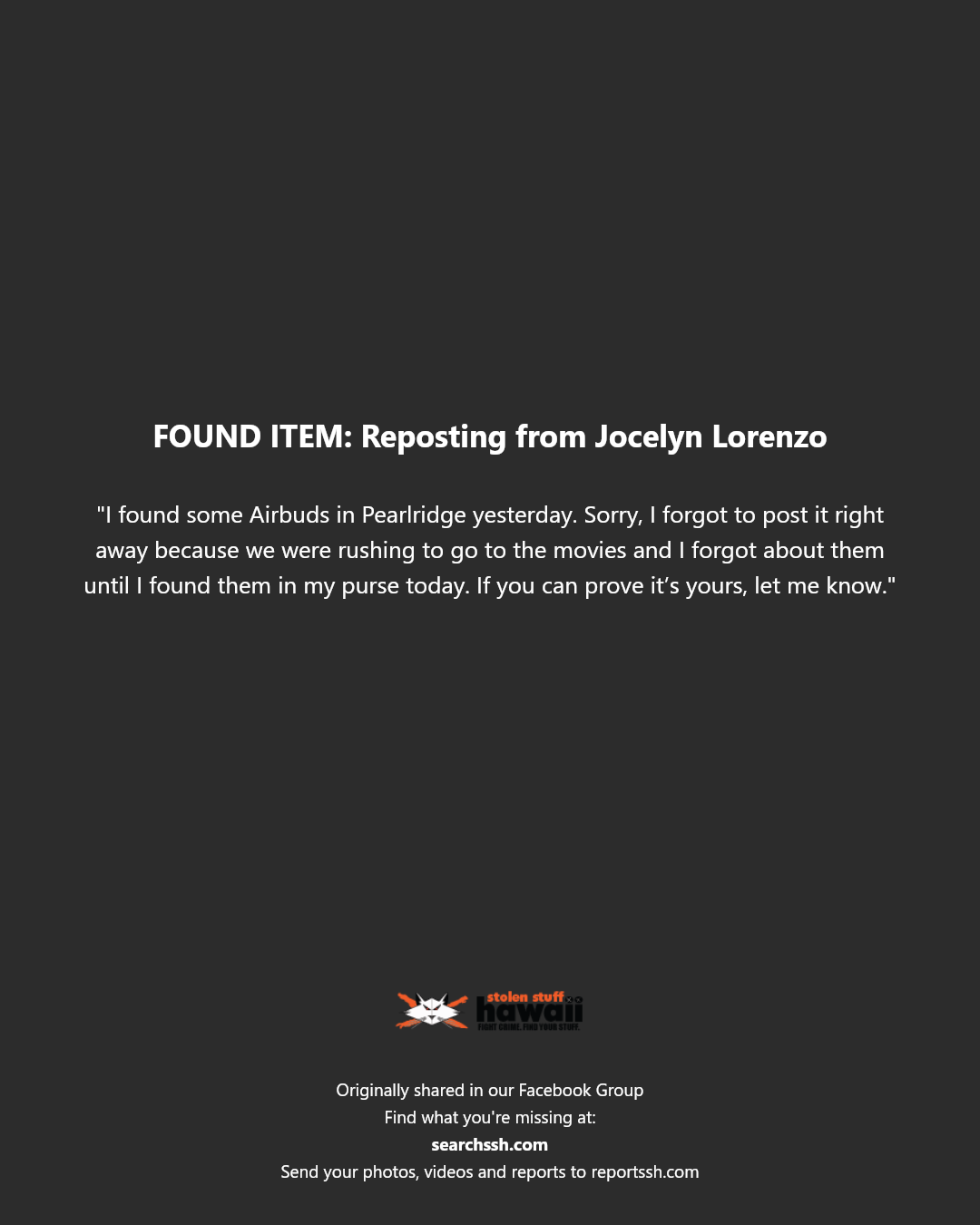 FOUND ITEM - Pearlridge, Aiea, Oahu | Stolen Stuff Hawaii