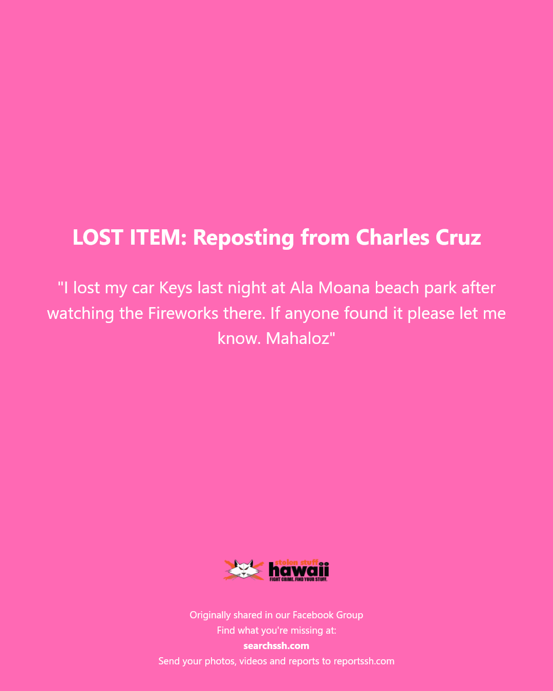 LOST ITEM - Ala Moana Beach Park, Honolulu, Oahu | Stolen Stuff Hawaii