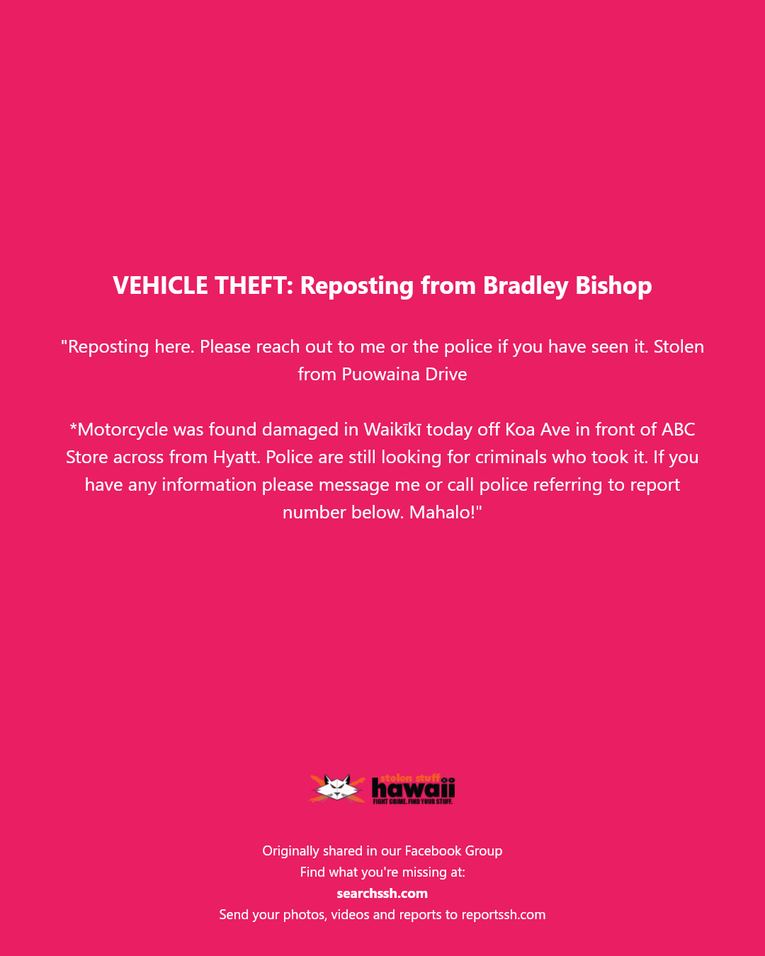 VEHICLE THEFT - Puowaina Drive, Waikīkī, Honolulu, Oahu | Stolen Stuff Hawaii