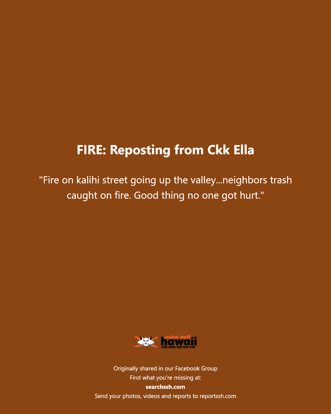 FIRE - Kalihi, Honolulu, Oahu | Stolen Stuff Hawaii