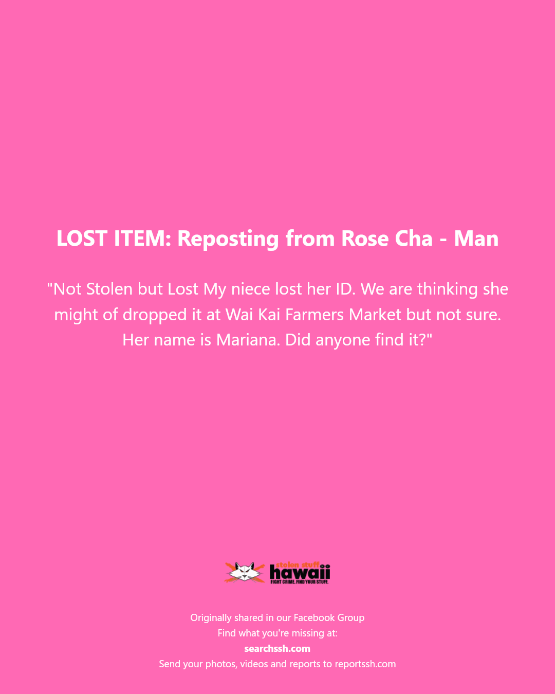 LOST ITEM - Unknown | Stolen Stuff Hawaii