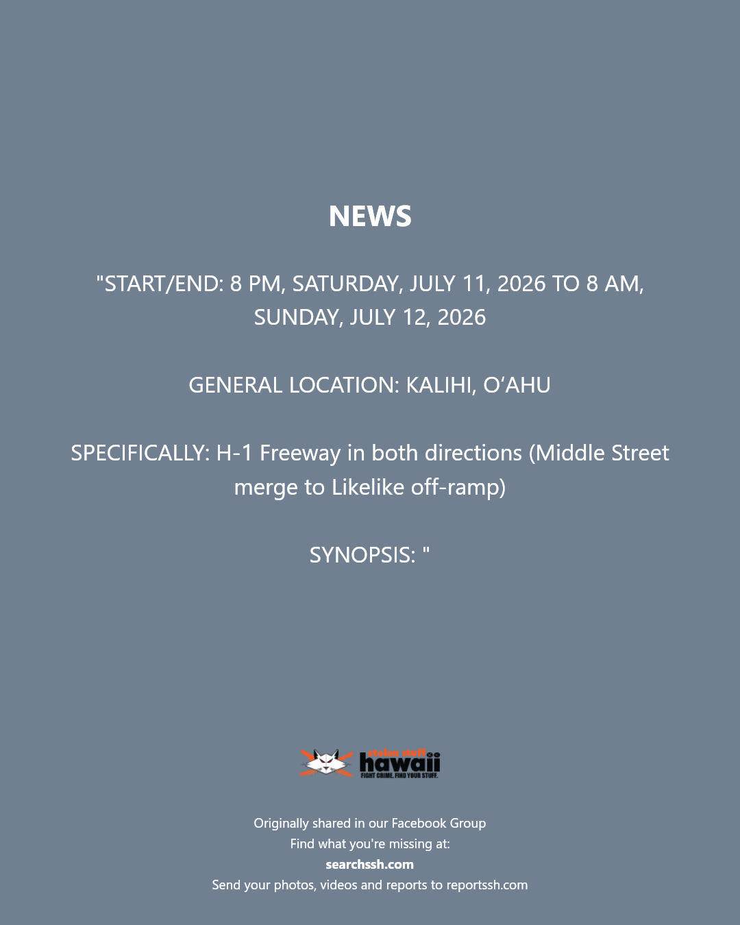 NEWS - H-1 Freeway, Kalihi, Oahu | Stolen Stuff Hawaii