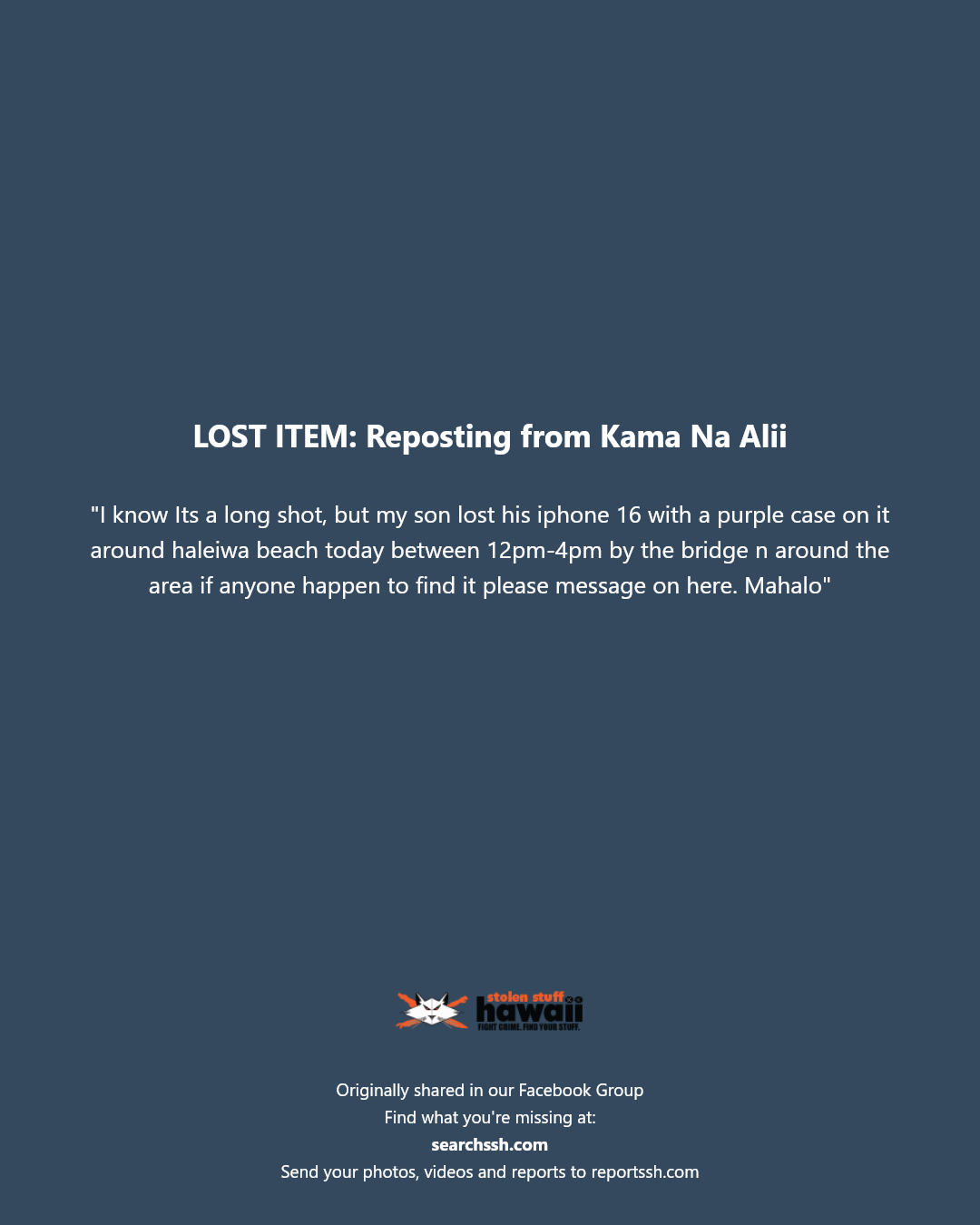 LOST ITEM - Haleiwa Beach, Oahu | Stolen Stuff Hawaii