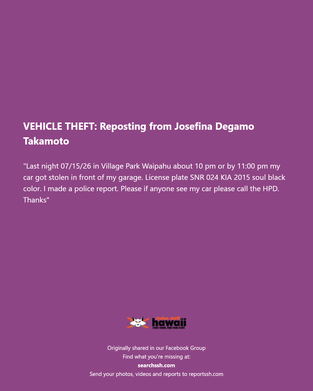 VEHICLE THEFT - Village Park, Waipahu, Oahu | Stolen Stuff Hawaii
