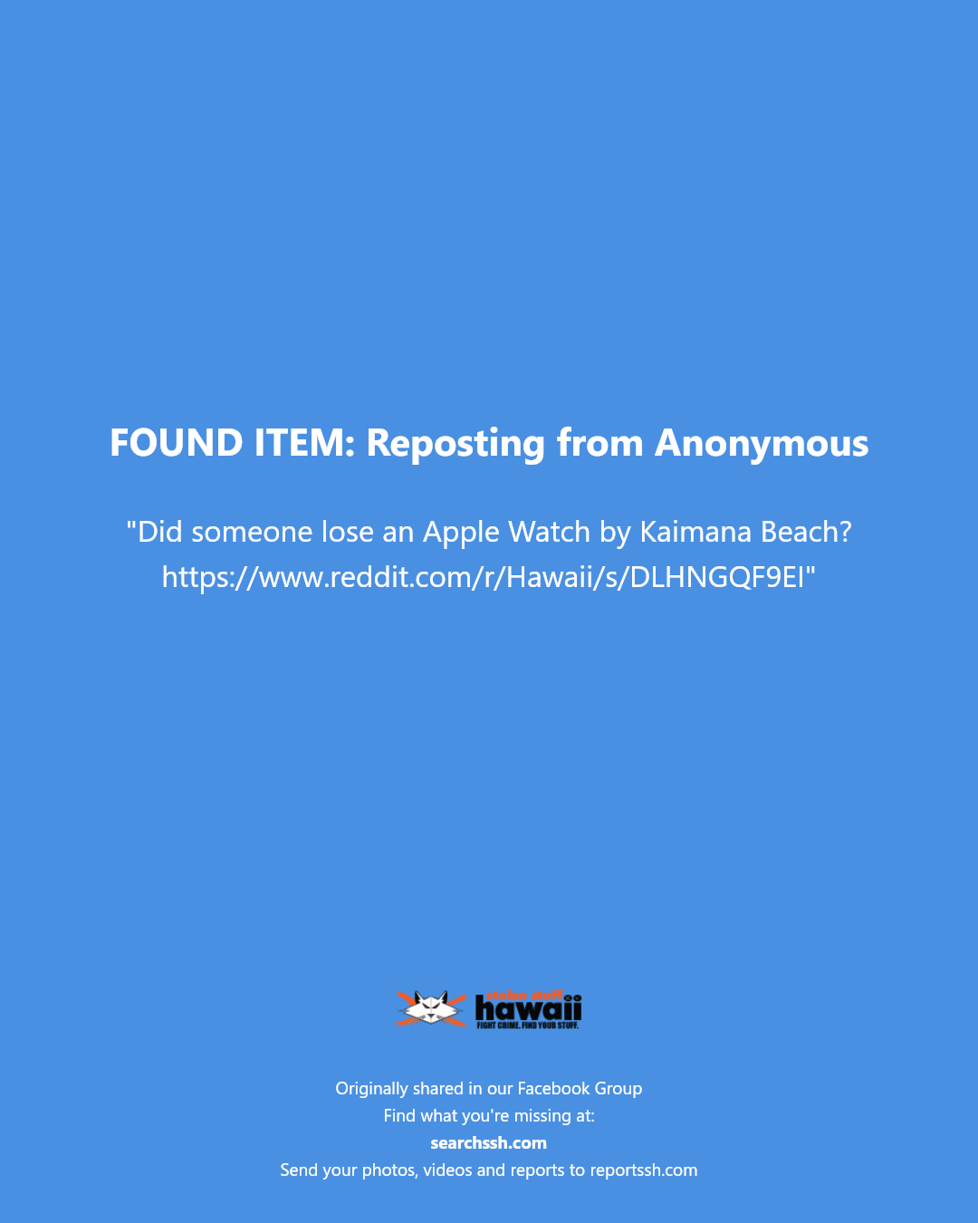 FOUND ITEM - Kaimana Beach, Honolulu, Oahu | Stolen Stuff Hawaii
