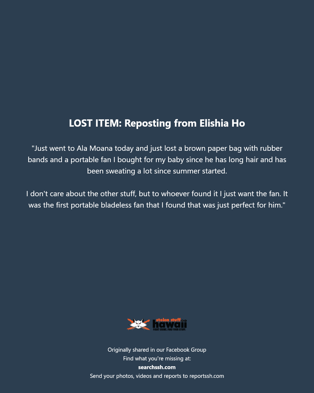 LOST ITEM - Ala Moana Center, Honolulu, Oahu | SSH Search