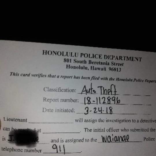VEHICLE THEFT - Hawaii | SSH Search