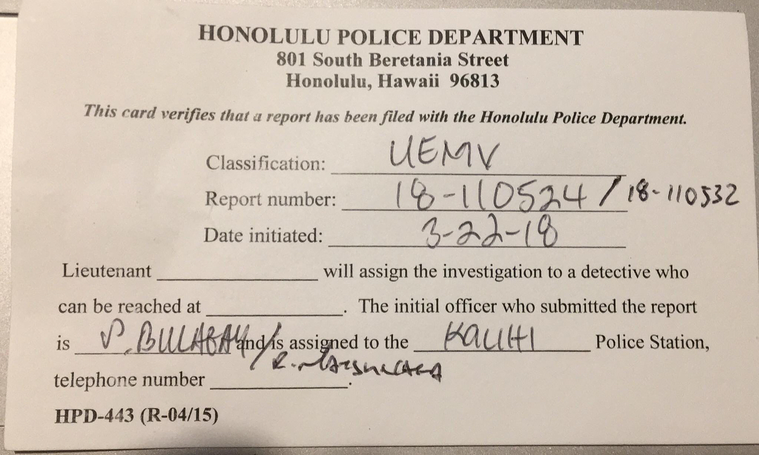 VEHICLE THEFT - Salt Lake, Honolulu, Oahu | SSH Search