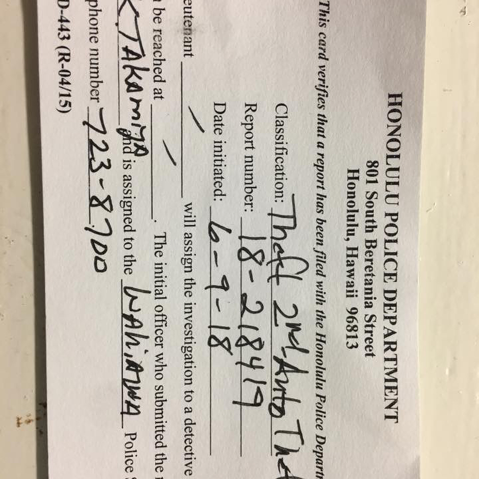 VEHICLE THEFT - Hillsdale, Mililani Mauka, Oahu | SSH Search