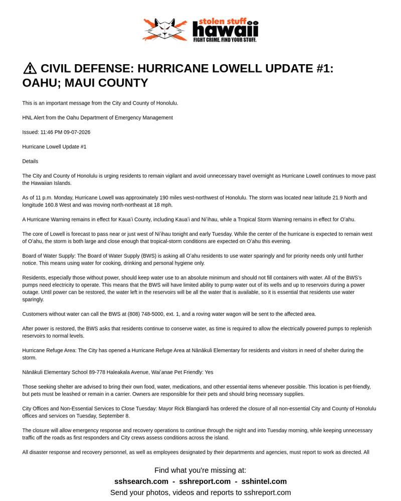 CIVIL DEFENSE MESSAGE - Oahu; Maui County | SSH Search