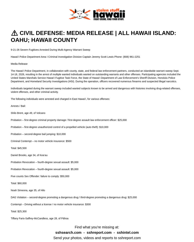CIVIL DEFENSE MESSAGE - Oahu; Hawaii County | SSH Search