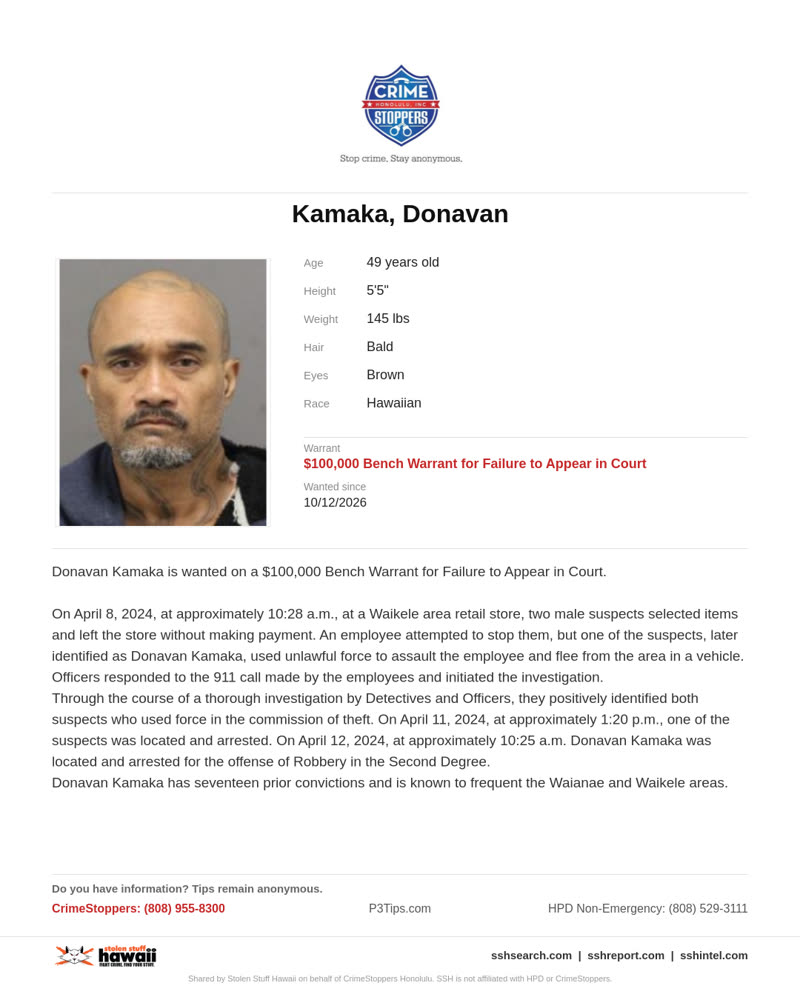 CRIMESTOPPERS - Honolulu | SSH Search