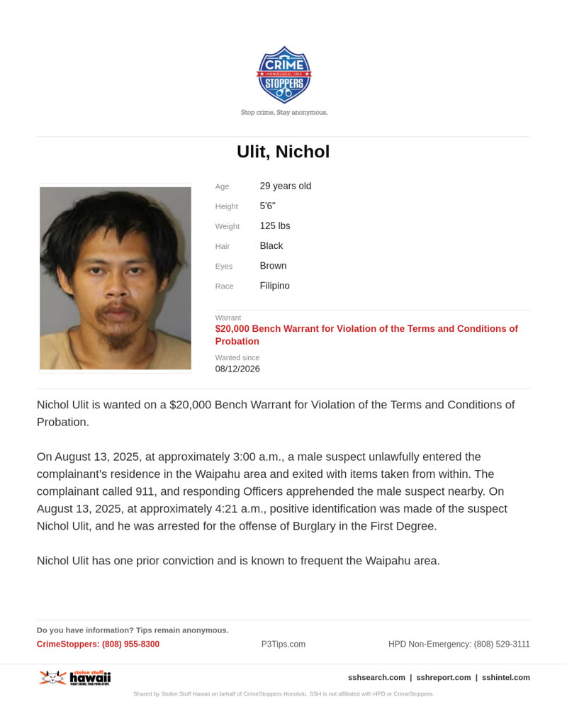 CRIMESTOPPERS - Honolulu | SSH Search