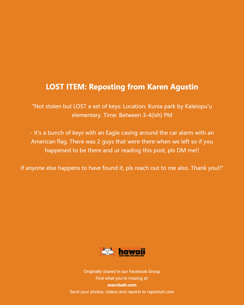 LOST ITEM - Kunia Park, Kaleiopu'u Elementary, Hawaii | SSH Search