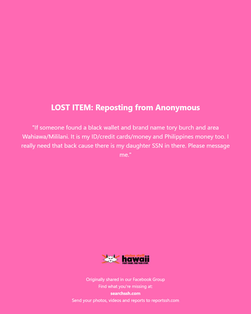 LOST ITEM - Wahiawa/Mililani | SSH Search