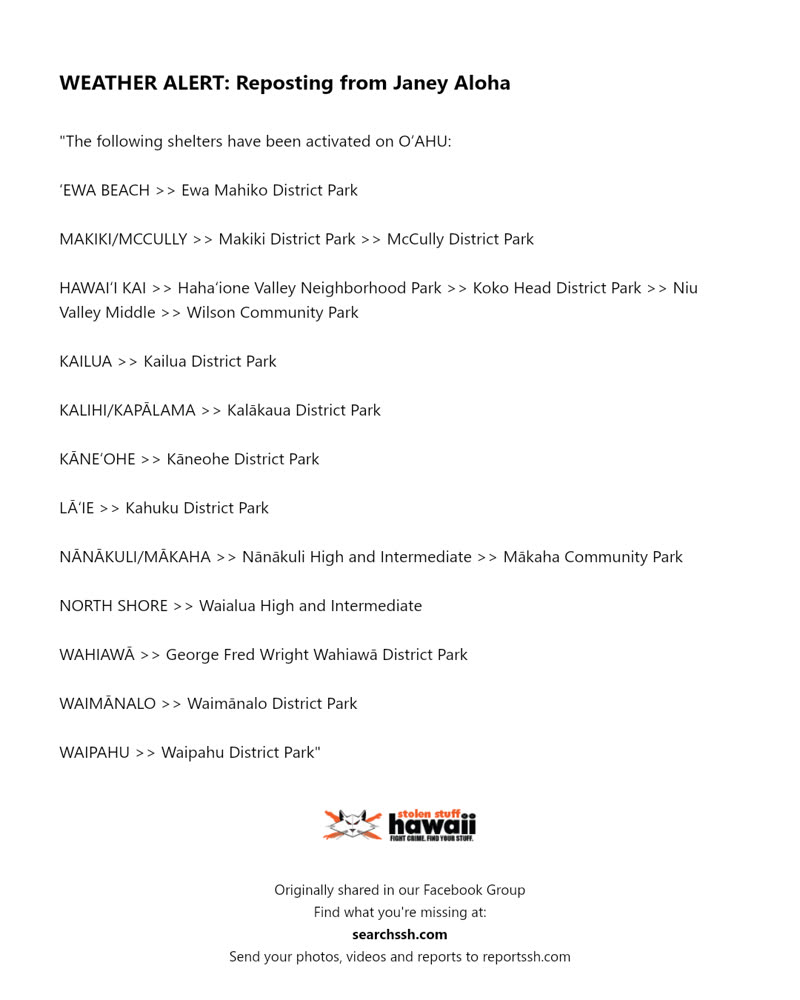 WEATHER ALERT - - Ewa Mahiko District Park, Ewa Beach, Oahu
- Makiki District Park, Honolulu, Oahu
- McCully District Park, Honolulu, Oahu
- Hahaʻione Valley Neighborhood Park, Hawaii Kai, Oahu
- Koko Head District Park, Hawaii Kai, Oahu
- Niu Valley Middle, Hawaii Kai, | SSH Search