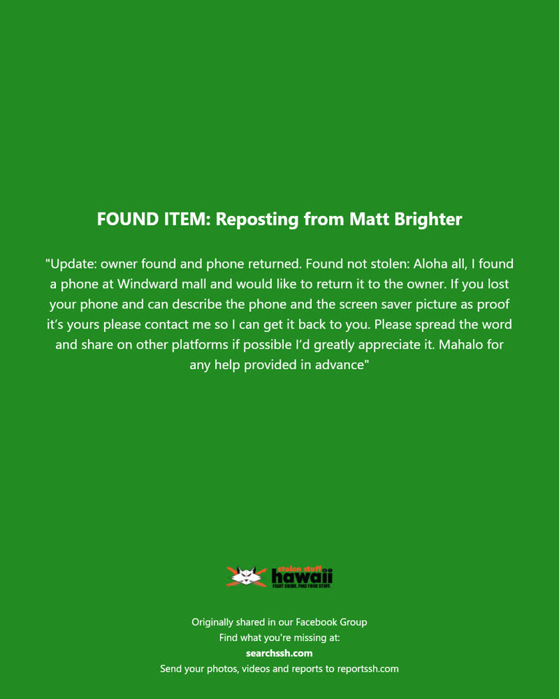 FOUND ITEM - Windward Mall, Kaneohe, Oahu | SSH Search