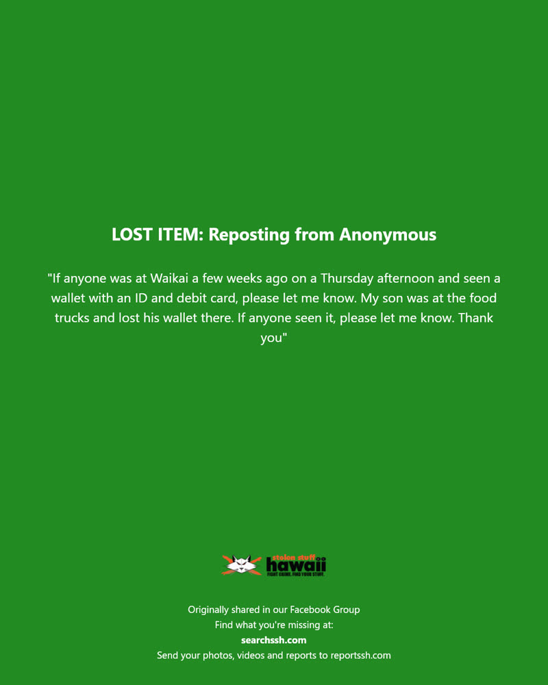 LOST ITEM - Waikai, food trucks | SSH Search