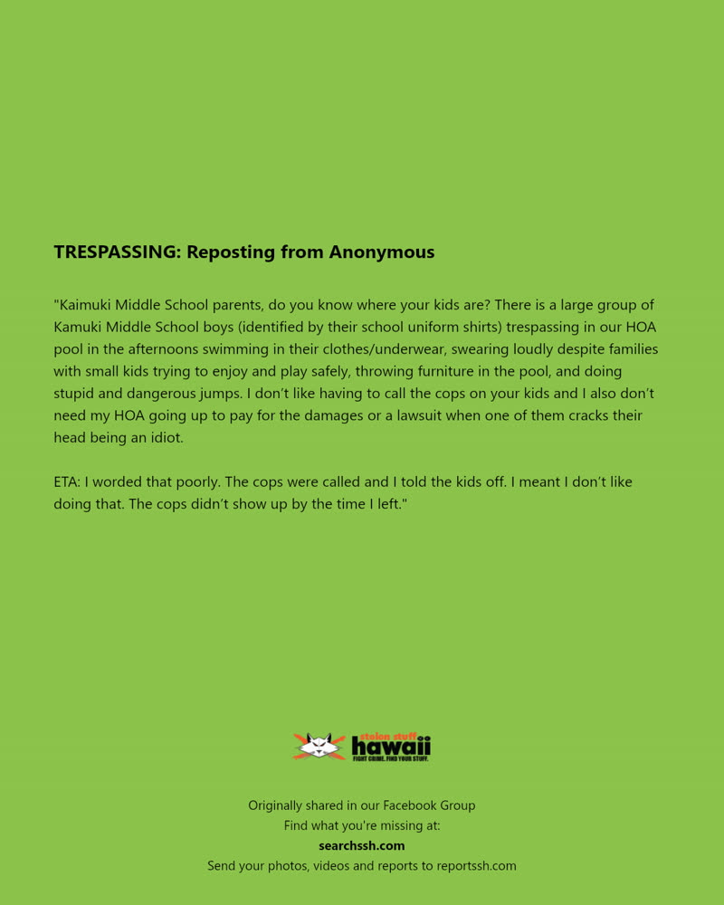 TRESPASSING - Kaimuki Middle School, Honolulu, Oahu | SSH Search