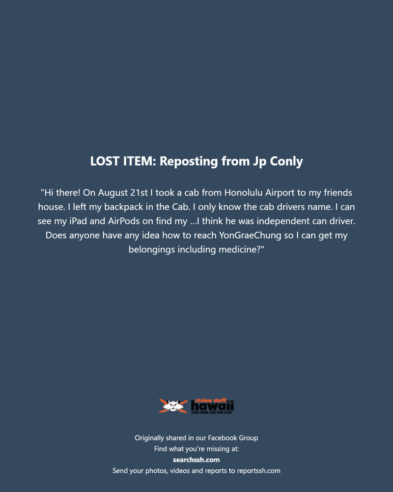 LOST ITEM - Honolulu Airport, Honolulu, Oahu | SSH Search