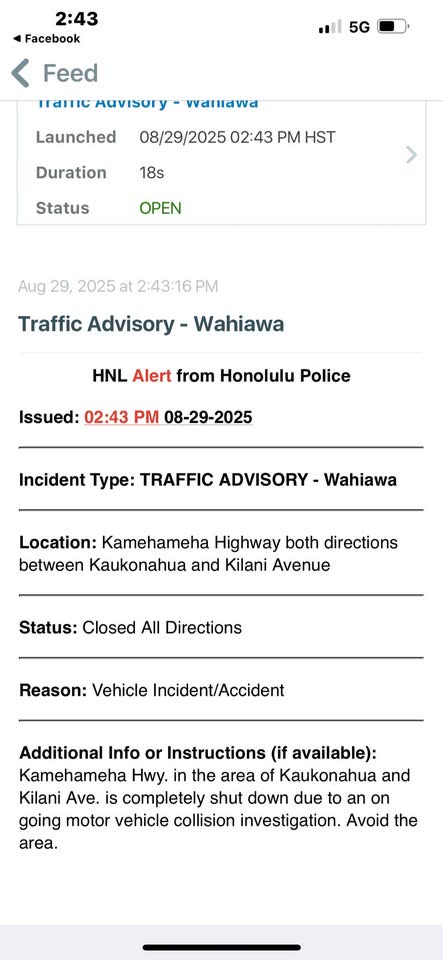 TRAFFIC - Wahiawa Karsten-Thot bridge, Kam Hwy from Kilani to Kaukonahua, three-way intersection | SSH Search