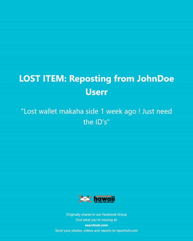 LOST ITEM - Makaha, Oahu | SSH Search