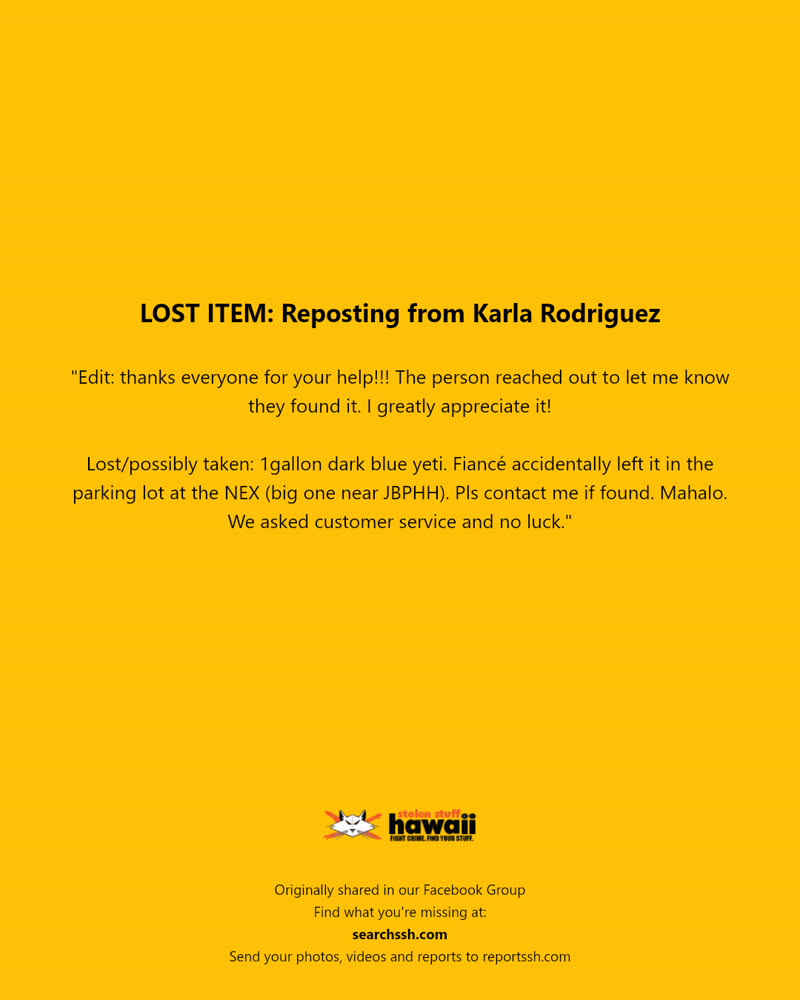 LOST ITEM - NEX (near JBPHH), Honolulu | SSH Search