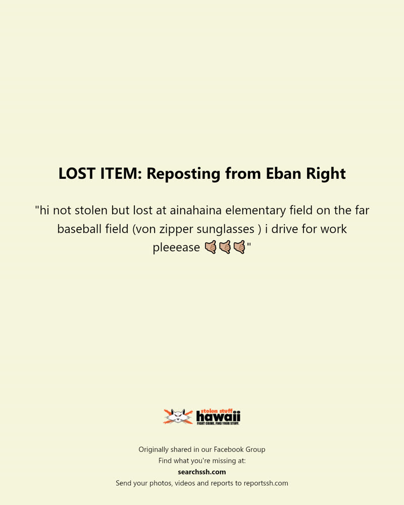 LOST ITEM - Ainahaina Elementary School, Oahu | SSH Search