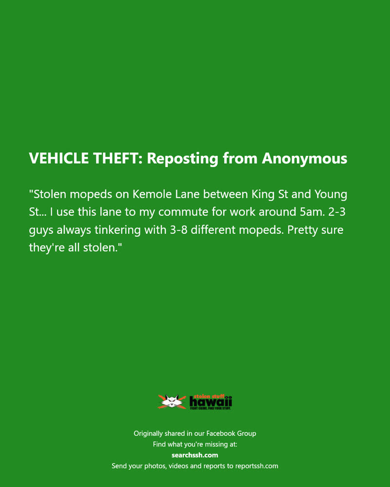 VEHICLE THEFT - Kemole Lane, Honolulu, Oahu | SSH Search