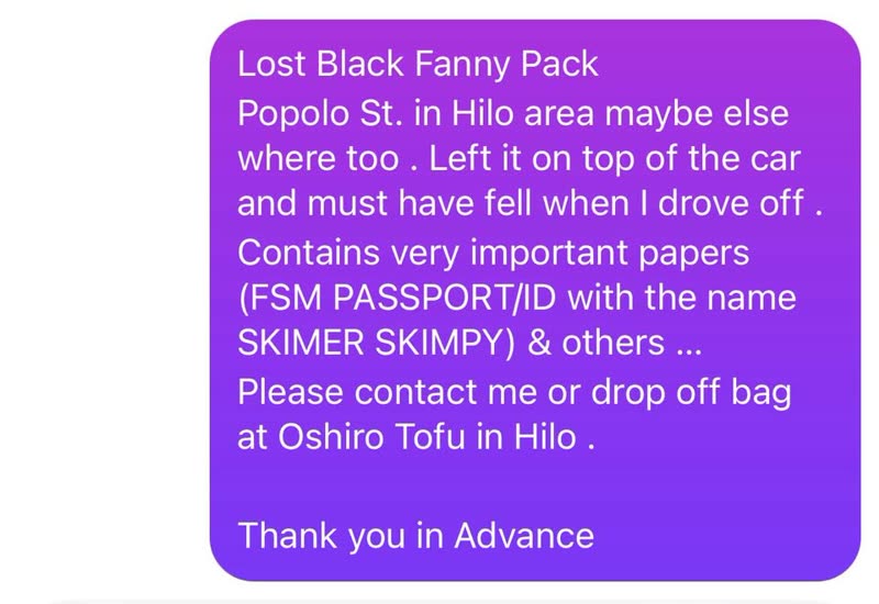 LOST ITEM - Hilo, Hawaii | SSH Search