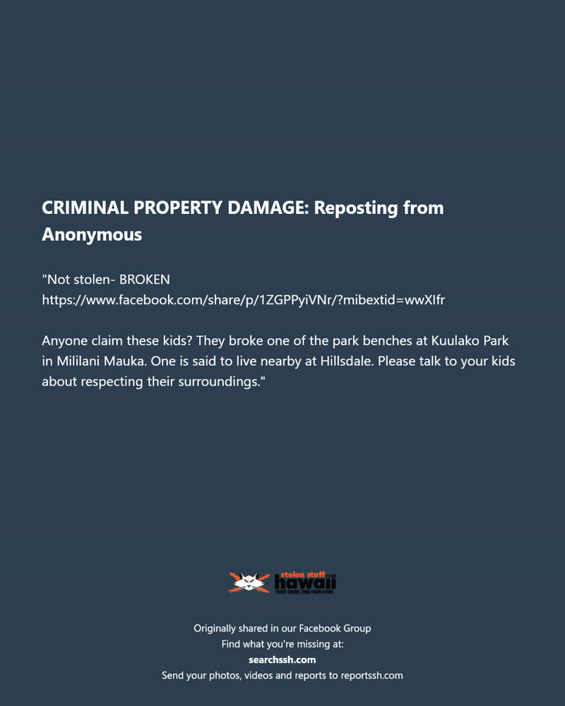 CRIMINAL PROPERTY DAMAGE - Kuulako Park, Mililani Mauka, Oahu | SSH Search