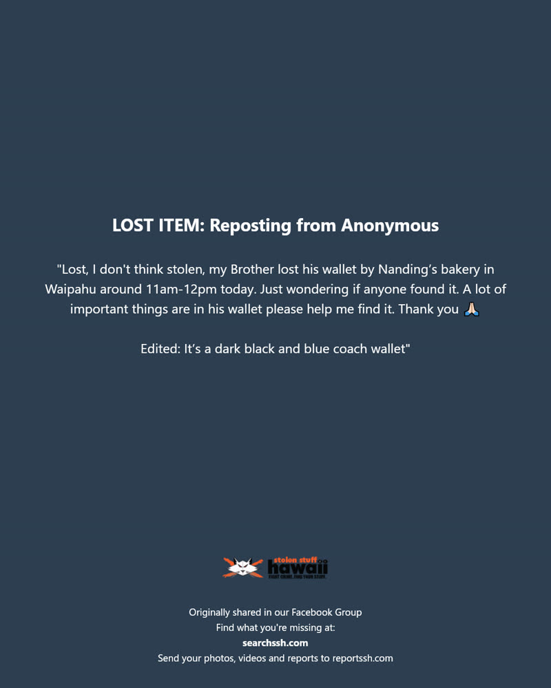 LOST ITEM - Nanding’s bakery, Waipahu, Oahu | SSH Search