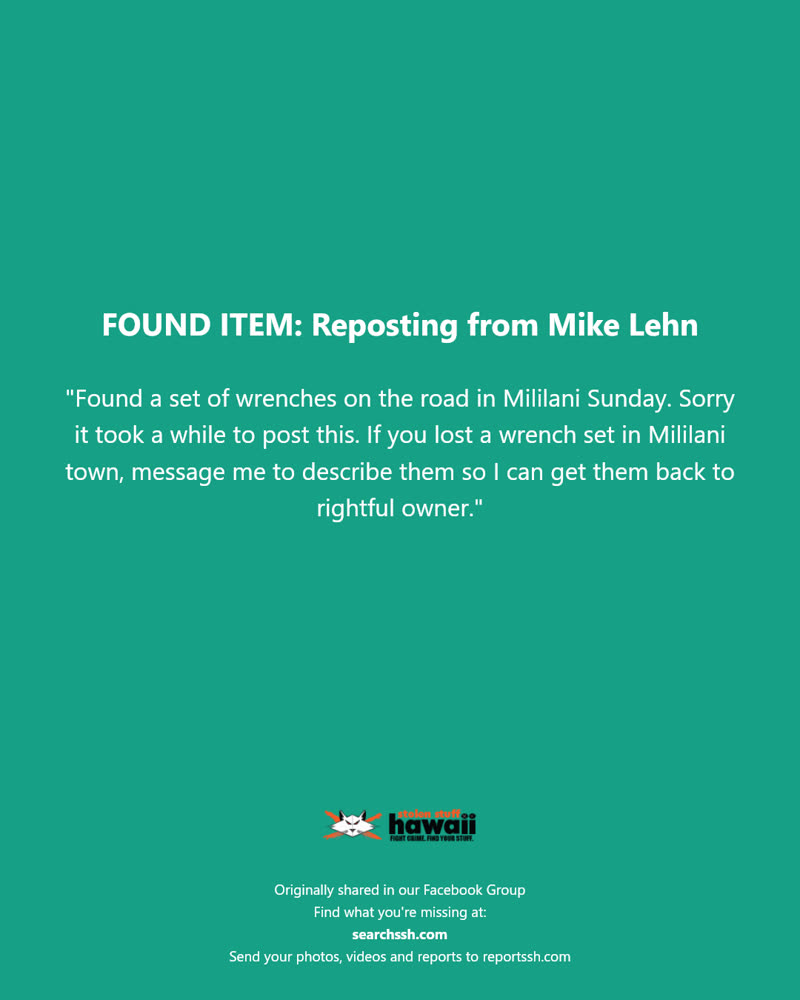 FOUND ITEM - Mililani town, Oahu | SSH Search
