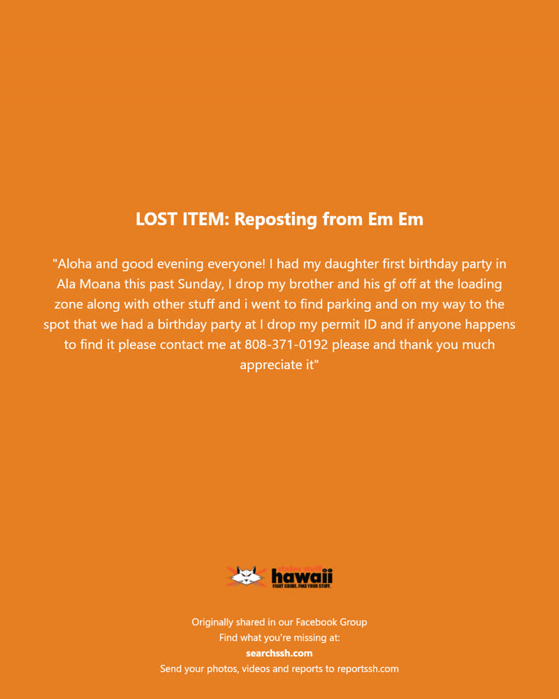 LOST ITEM - Ala Moana, Honolulu, Oahu | SSH Search