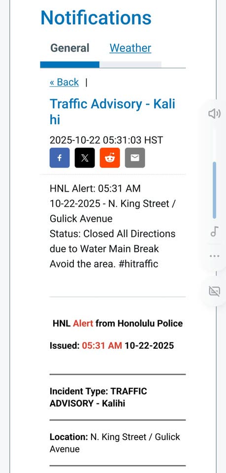ROAD CLOSURE - North King Street, Honolulu | SSH Search