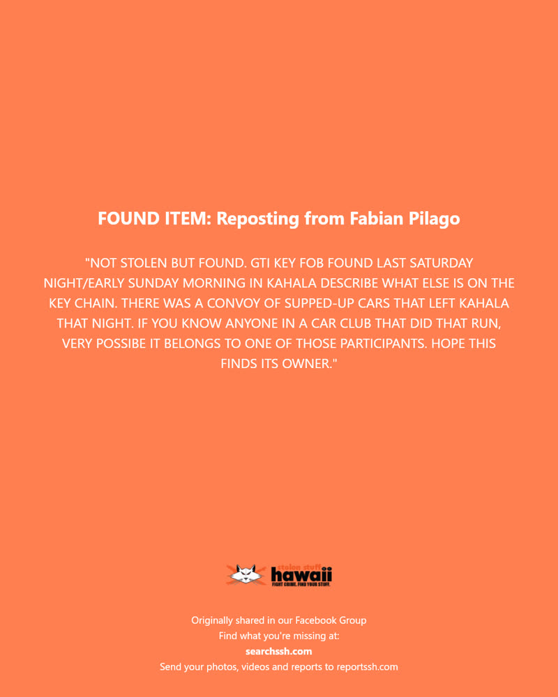 FOUND ITEM - Kahala, Honolulu, Oahu | SSH Search
